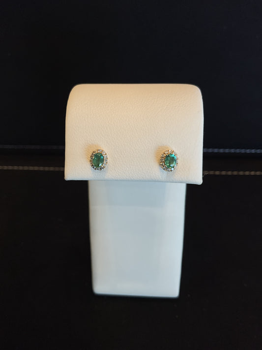 Oval Cut Emerald Prong Set 14KT Yellow Gold Round Brilliant Cut Diamond Halo Stud Earrings