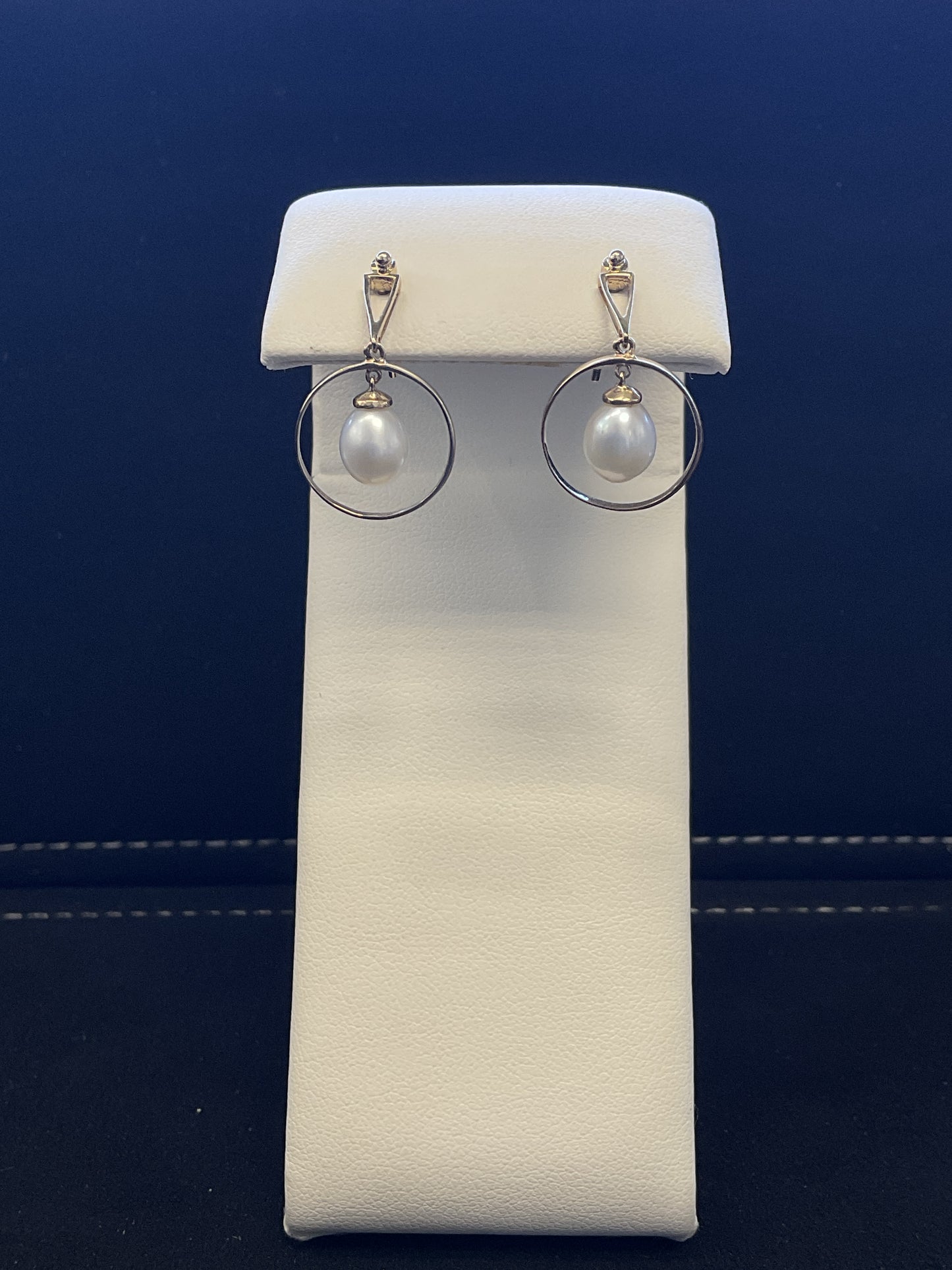 Freshwater Pearl Drop with Gold Polished Halo 14KT Yellow Gold Dangle Stud Earrings