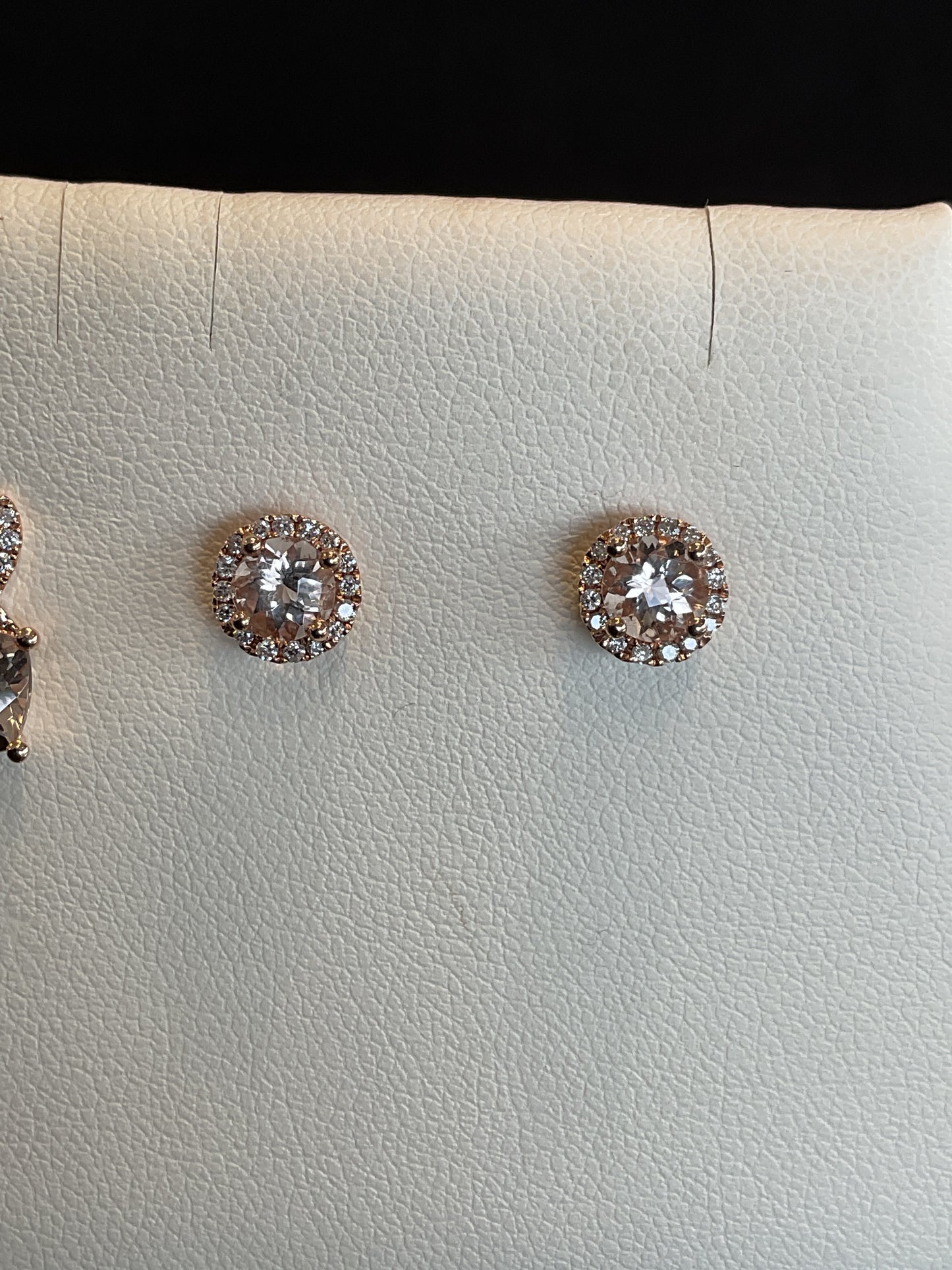 Round Cut Morganite Prong Set 14KT Rose Gold Round Brilliant Cut Diamond Halo Stud Earrings