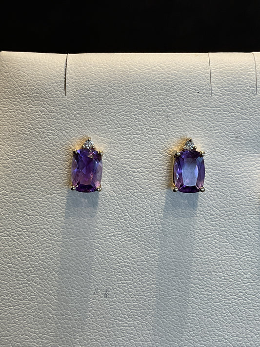 Elongated Rectangle Cut Purple Amethyst 14KT Yellow Gold Stud Earrings with Single Round Brilliant Cut Diamond Accent