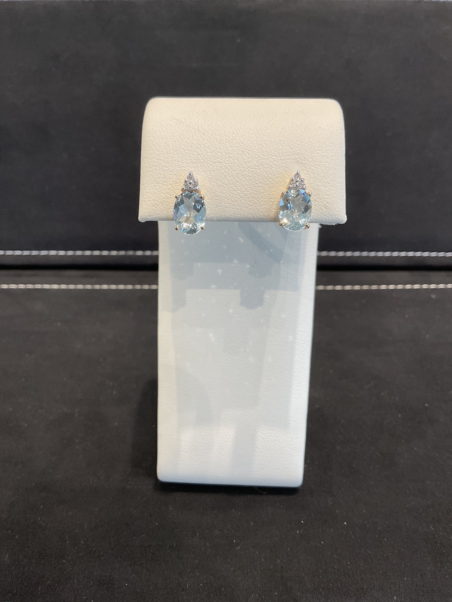 Oval Checkered Cut Aquamarine 14KT Yellow Gold Drop Stud Earrings with 3 Round Brilliant Cut Diamonds Accents