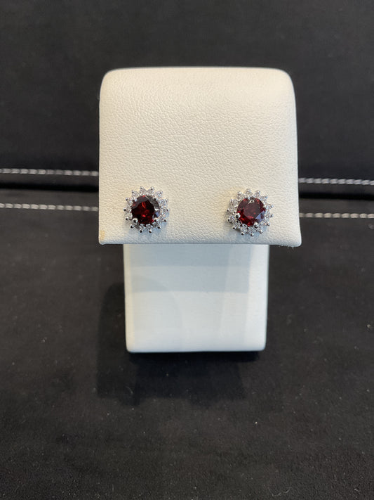 Round Cut Red Garnet Prong Set 14KT White Gold Round Brilliant Cut diamond Halo Stud Earrings