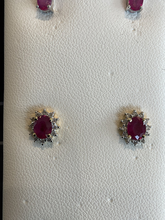 Oval Cut Red Ruby with Round Brilliant Cut Diamond Halo Prong Set 14KT Yellow Gold Stud Earrings