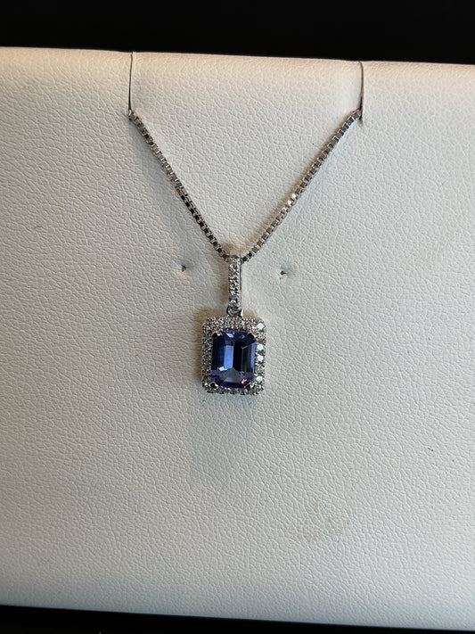 Emerald Cut Tanzanite with Round Brilliant Cut Diamond Halo Setting 14KT White Gold Necklace 18" 14KT White Gold Chain