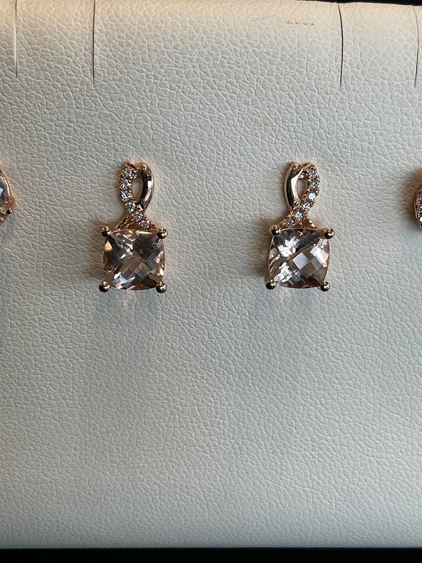 Checkerboard Cushion Cut Morganite 14KT Rose Gold Drop Stud Earrings with Round Brilliant Cut Diamond Accents