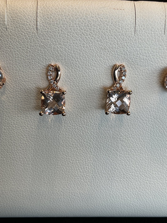 Checkerboard Cushion Cut Morganite 14KT Rose Gold Drop Stud Earrings with Round Brilliant Cut Diamond Accents