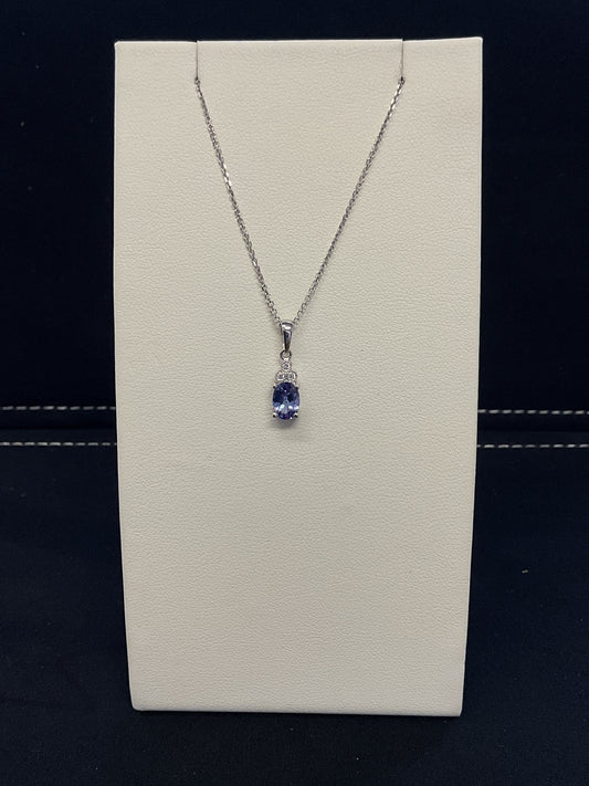 Oval Cut Tanzanite 14KT White Gold Necklace with Tri-Diamond Accent 18" 14KT White Gold Chain