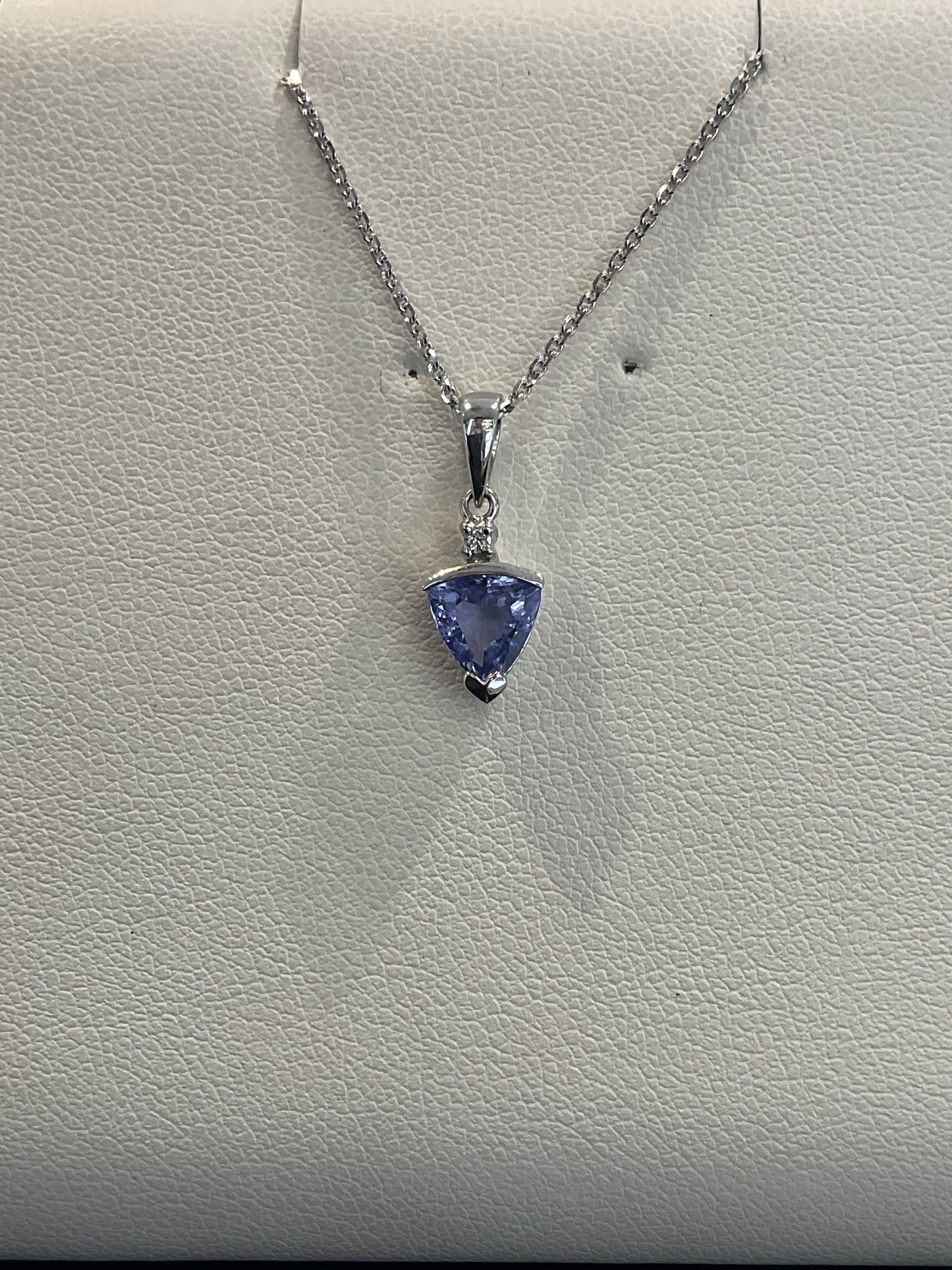 Trillion Cut Tanzanite with Single Round Brilliant Cut Diamond Accent 14KT White Gold Necklace 18" 10KT White Gold Chain