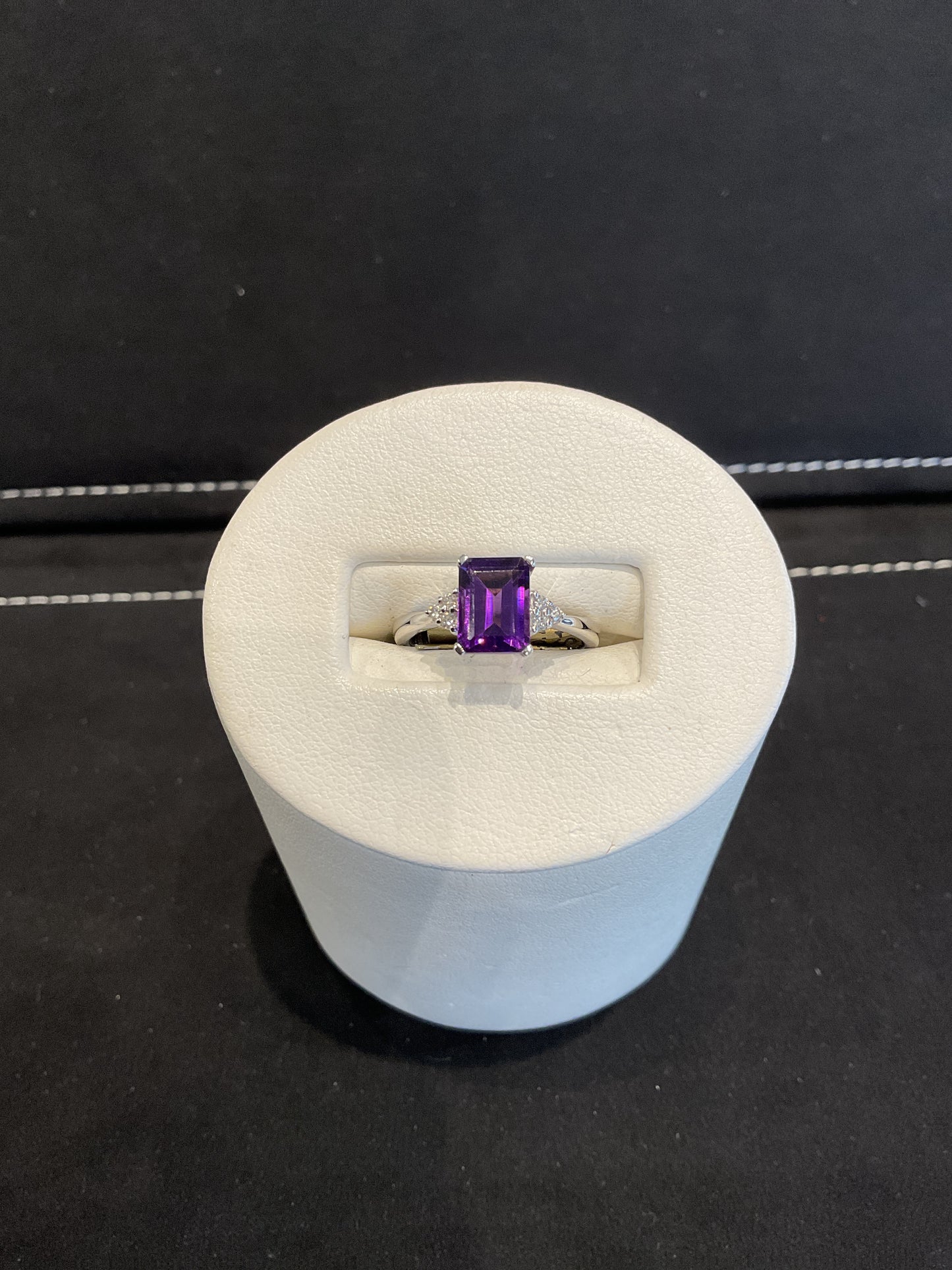 Emerald Cut Purple Amethyst 14KT White Gold Ring with Round Brilliant Cut Diamond Accents