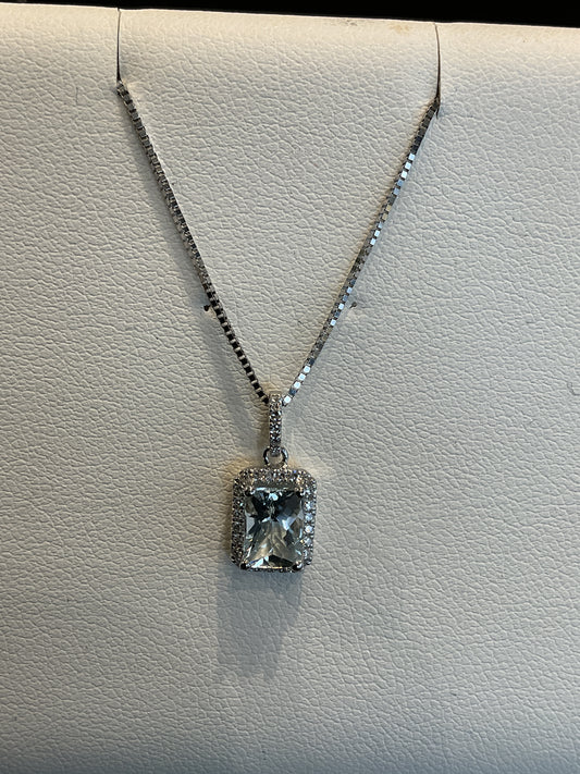 Radiant Cut Aquamarine with Round Brilliant Cut Diamond Halo Setting 14KT White Gold Necklace 18" 10KT Chain