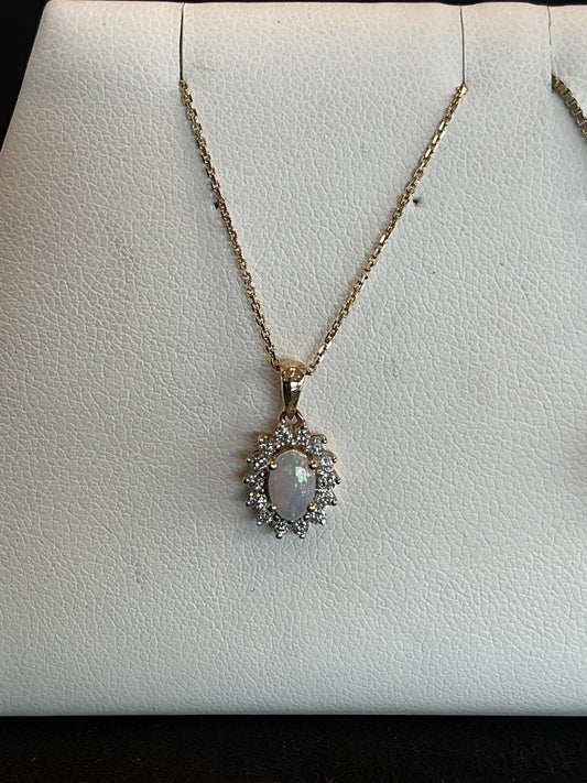 Oval Cut Opal with Round Brilliant Cut Diamond Halo Setting 14KT Yellow Gold Necklace 18" 10KT Chain