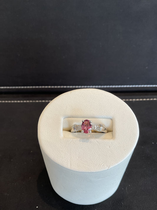 Oval Cut Pink Tourmaline 14KT White Gold Ring with Baguette Cut and Round Brilliant Cut Diamond Accents