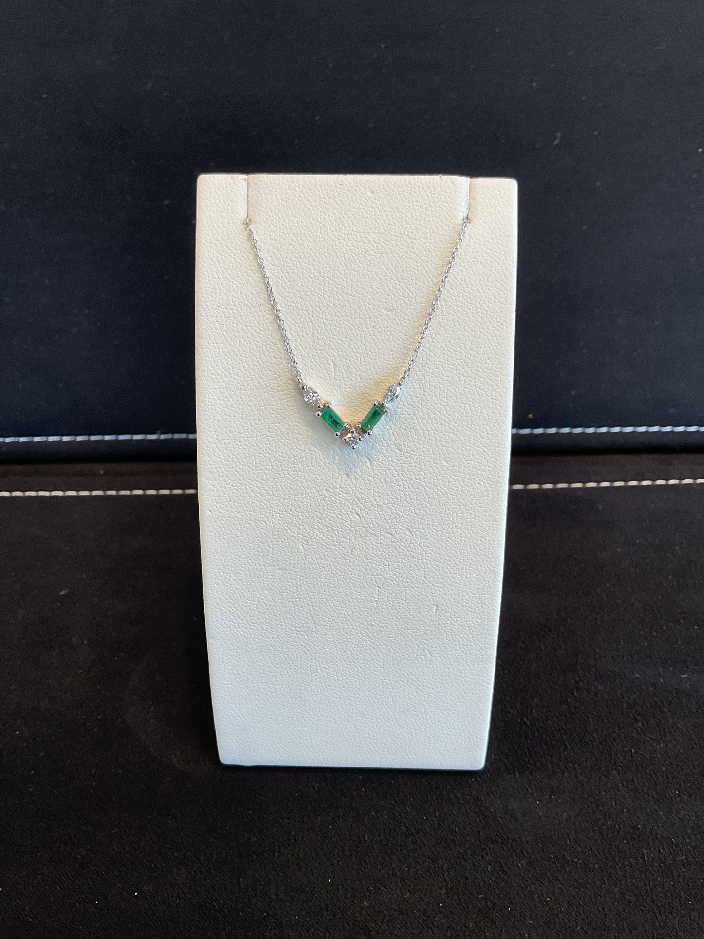 Emerald Cut Emerald Prong Shared Round Brilliant/Marquis Cut Diamond 14KT White Gold Necklace 18" 14KT White Gold Chain