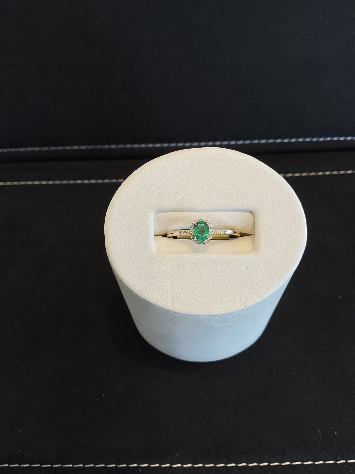 Oval Cut Emerald 14KT Yellow Gold Ring with Round Brilliant Cut Diamond Halo and Accents