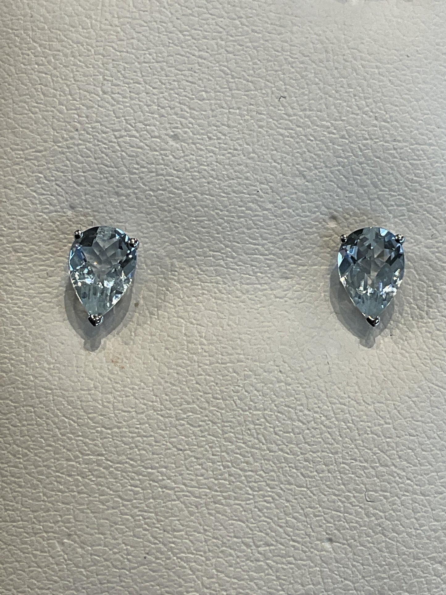 Pear Checkerboard Cut Aquamarine Prong Set 14KT White Gold Stud Earrings