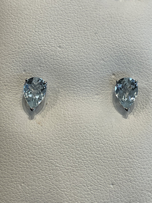 Pear Checkerboard Cut Aquamarine Prong Set 14KT White Gold Stud Earrings