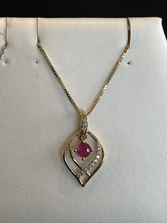 Round Cut Red Ruby with Round Brilliant Cut Diamond Accents 14KT Yellow Gold Dancing Drop Necklace 18" 14KT Yellow Gold Chain