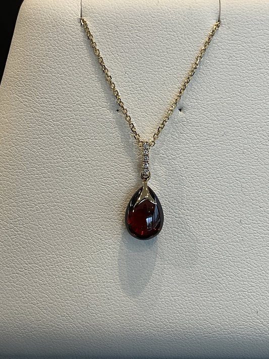 Cabochon Jelly Drop Cut Red Garnet with Round Brilliant Cut Diamond Accents 14KT Yellow Gold Necklace 14KT Yellow Gold Chain 18" 14KT Yellow Gold Chain