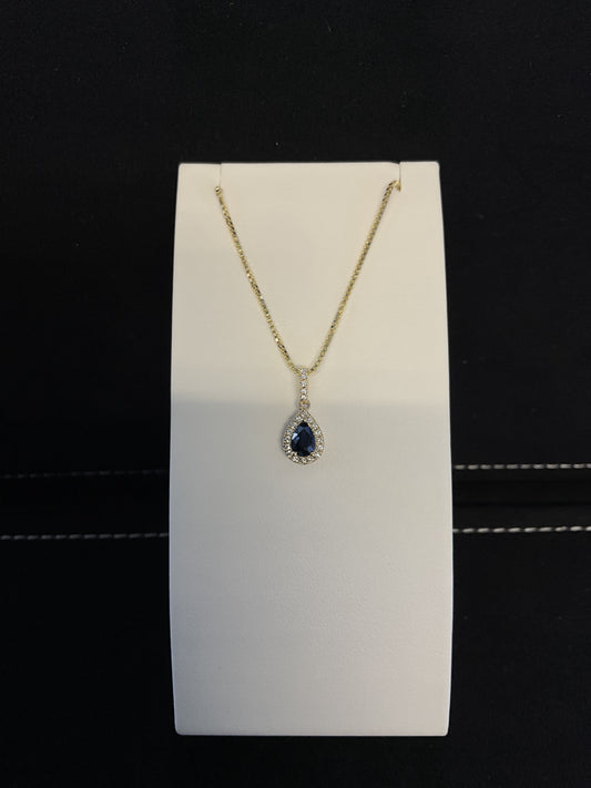Pear Shape Blue Sapphire with Round Diamond Halo Setting 14KT Yellow Gold Necklace 18"