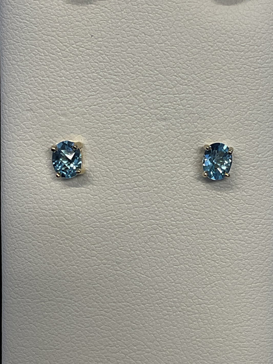 Oval Checkerboard Cut Blue Topaz 14KT Yellow Gold Stud Earrings