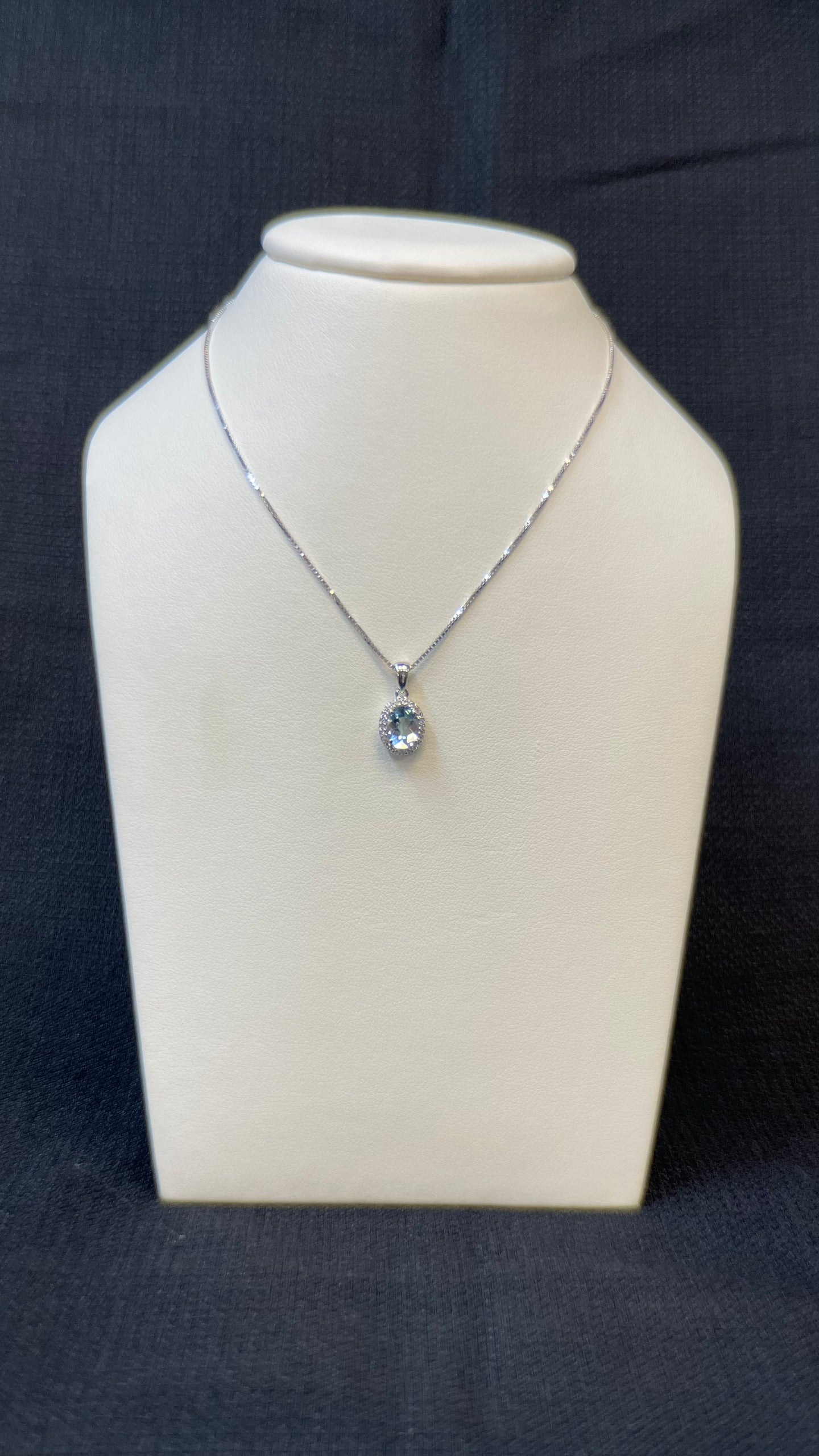 Fancy Cut Oval Aquamarine / Diamond Halo Necklace