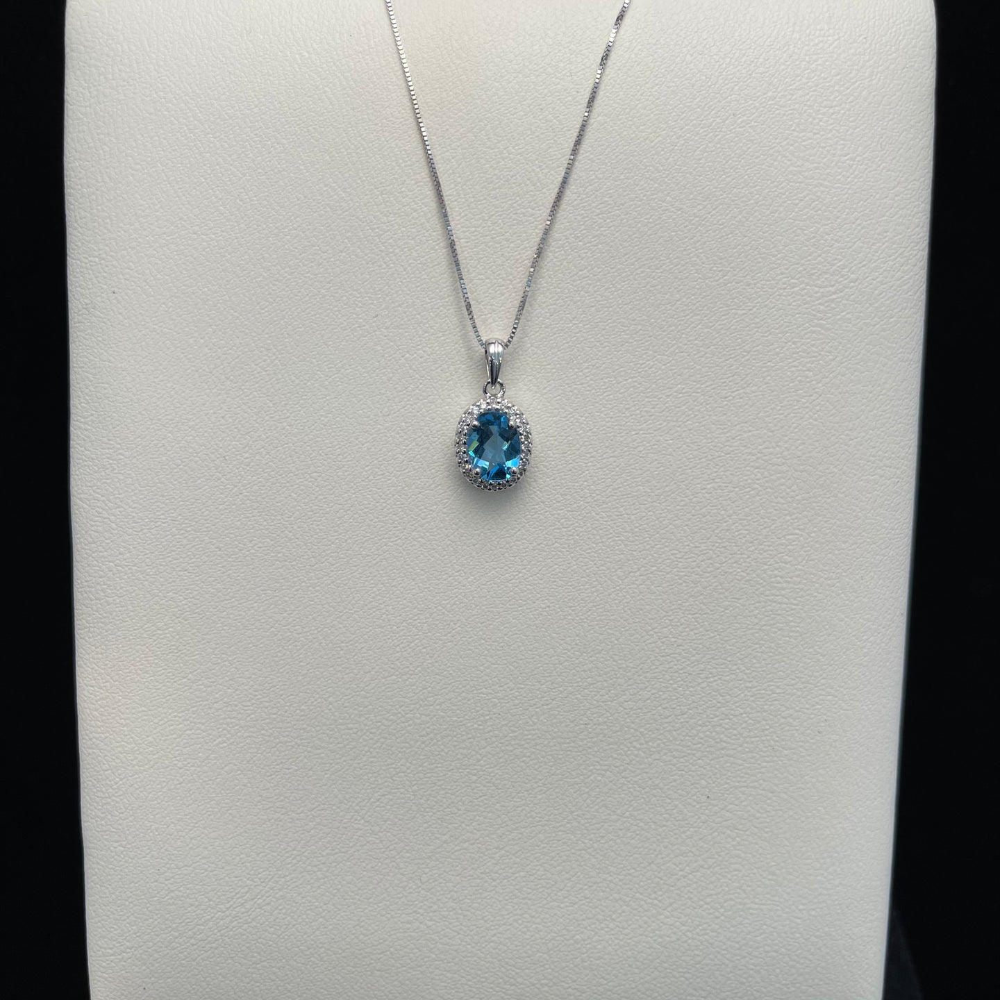 Oval Blue Topaz w/ Diamond Halo Necklace