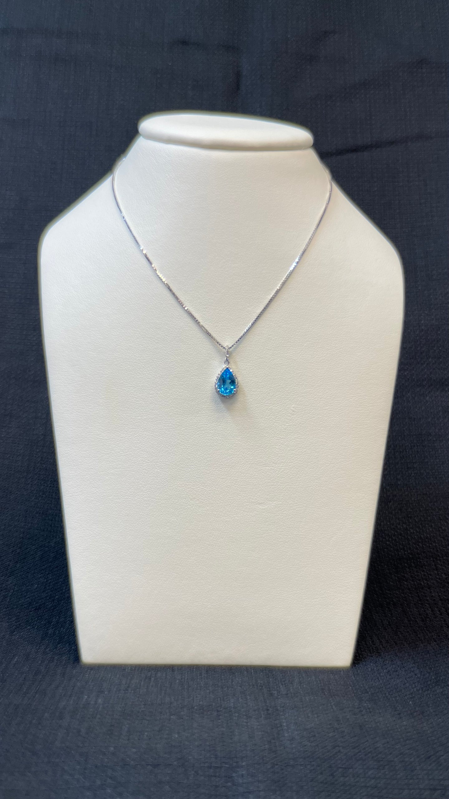 Pear Shape Blue Topaz Necklace w/ Diamond Border
